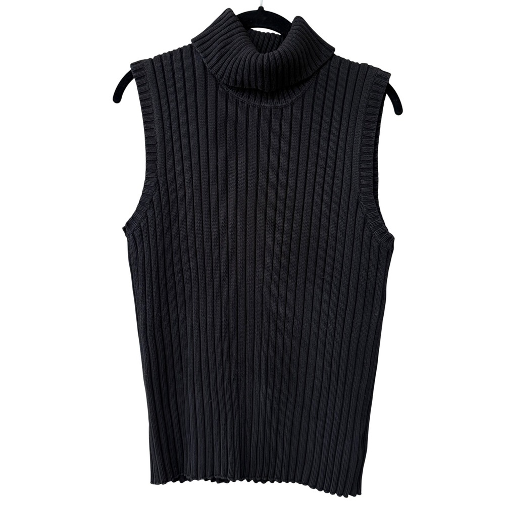 Jones New York Women Ribbed Sleeveless Turtleneck Sweater 90s Cotton Large Black